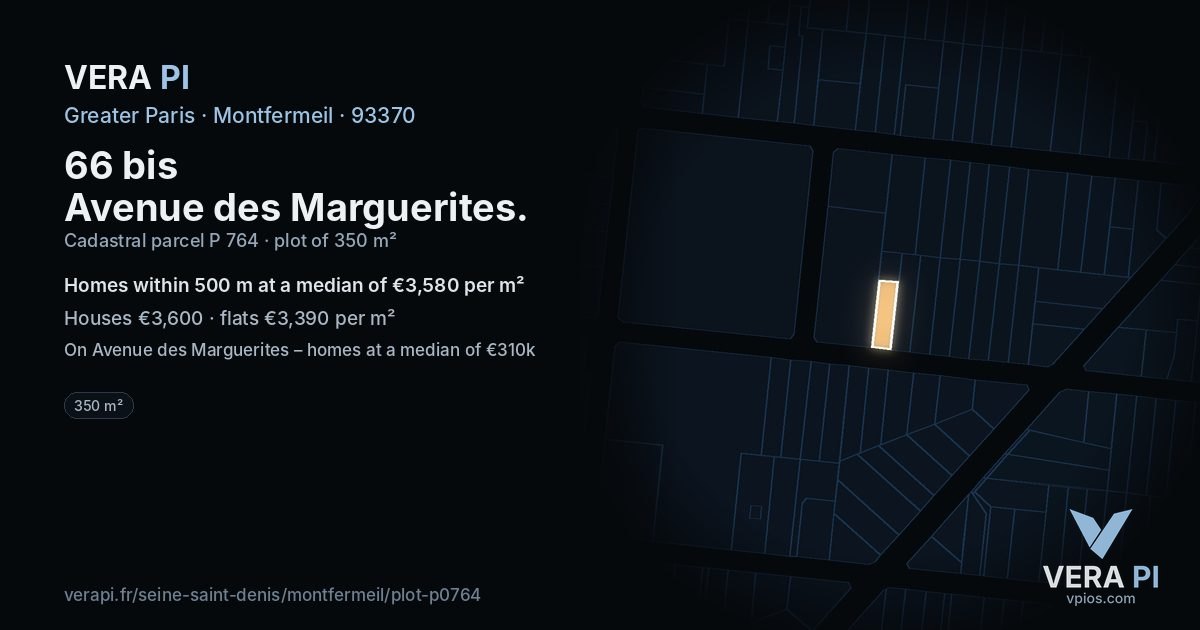 66 bis Avenue des Marguerites, Montfermeil at night – the plot lit, the parcels around coloured by the prices near them