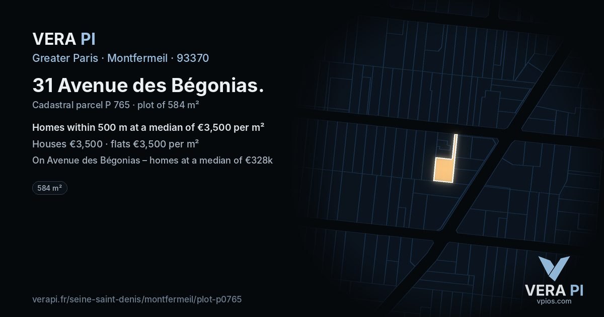 31 Avenue des Bégonias, Montfermeil at night – the plot lit, the parcels around coloured by the prices near them