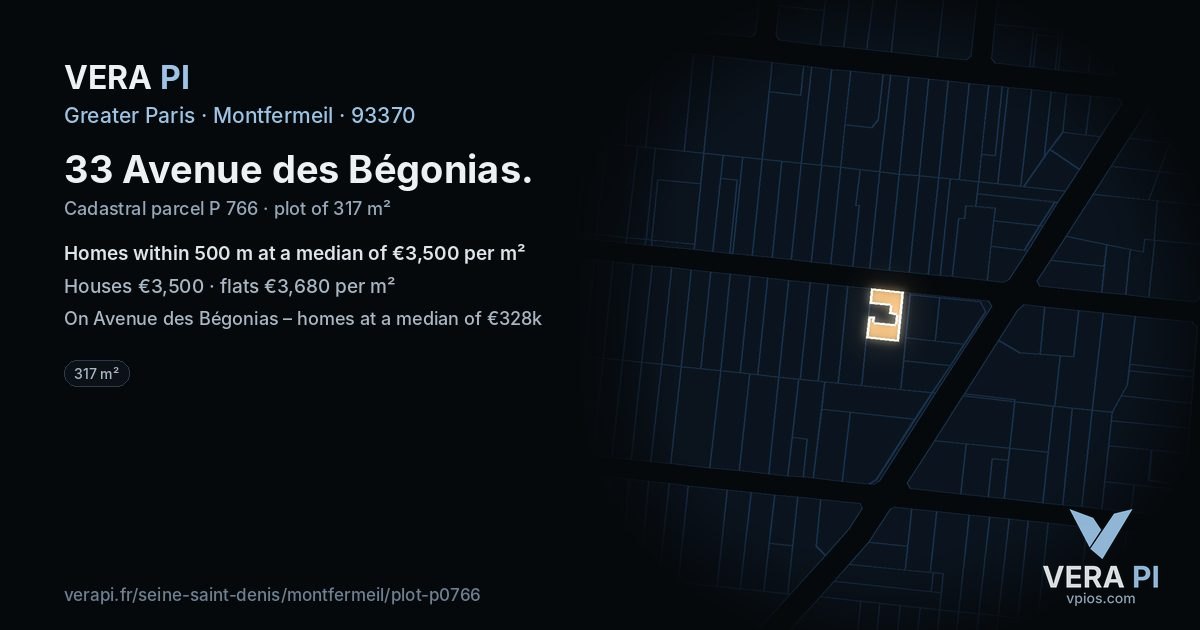 33 Avenue des Bégonias, Montfermeil at night – the plot lit, the parcels around coloured by the prices near them