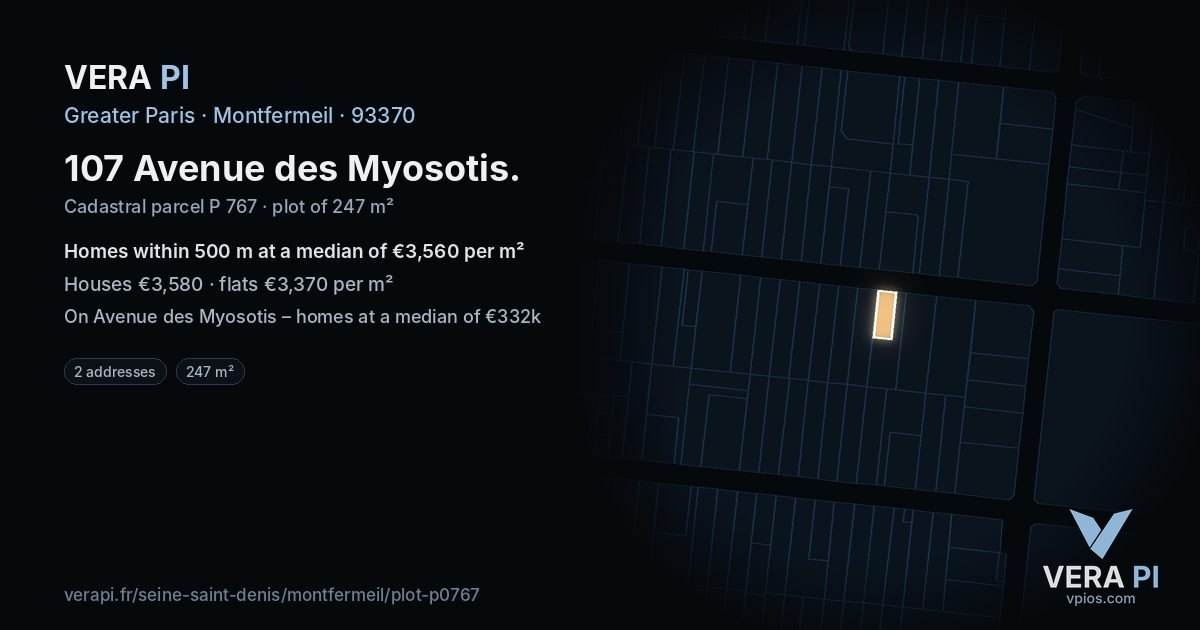 107 Avenue des Myosotis, Montfermeil at night – the plot lit, the parcels around coloured by the prices near them