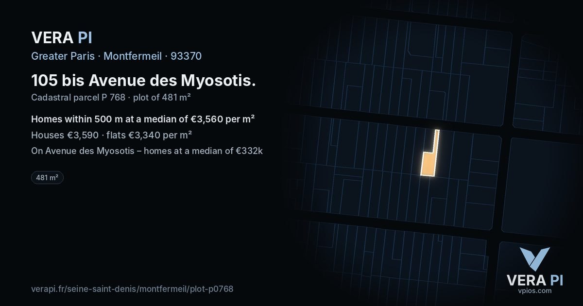 105 bis Avenue des Myosotis, Montfermeil at night – the plot lit, the parcels around coloured by the prices near them
