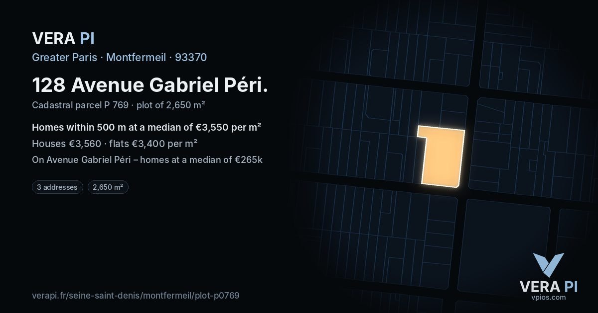 128 Avenue Gabriel Péri, Montfermeil at night – the plot lit, the parcels around coloured by the prices near them