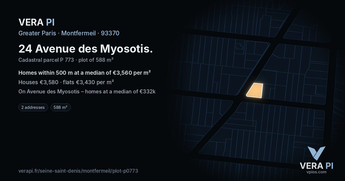 24 Avenue des Myosotis, Montfermeil at night – the plot lit, the parcels around coloured by the prices near them