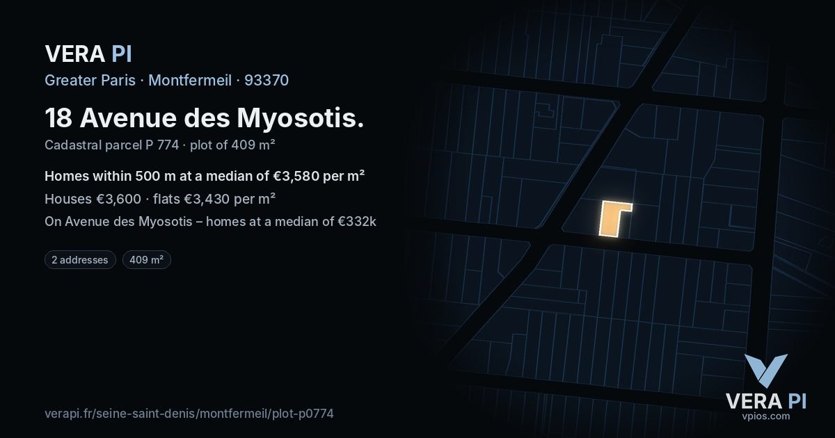 18 Avenue des Myosotis, Montfermeil at night – the plot lit, the parcels around coloured by the prices near them