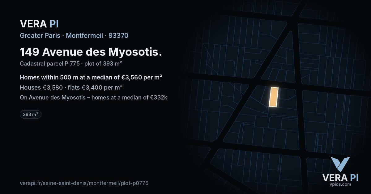 149 Avenue des Myosotis, Montfermeil at night – the plot lit, the parcels around coloured by the prices near them