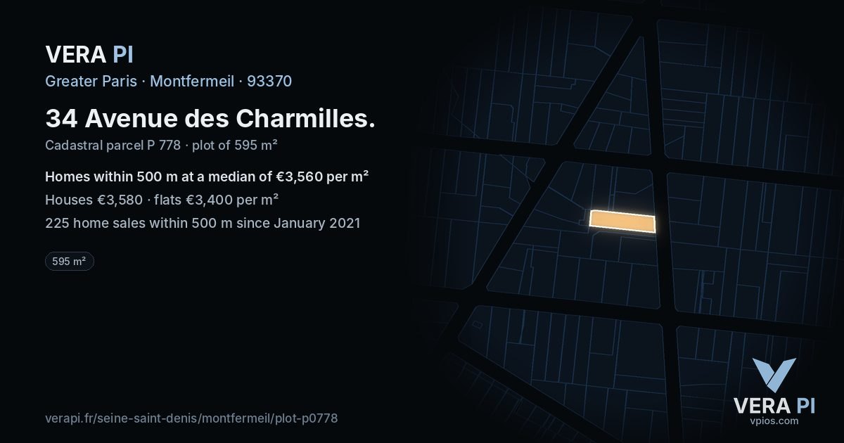 34 Avenue des Charmilles, Montfermeil at night – the plot lit, the parcels around coloured by the prices near them