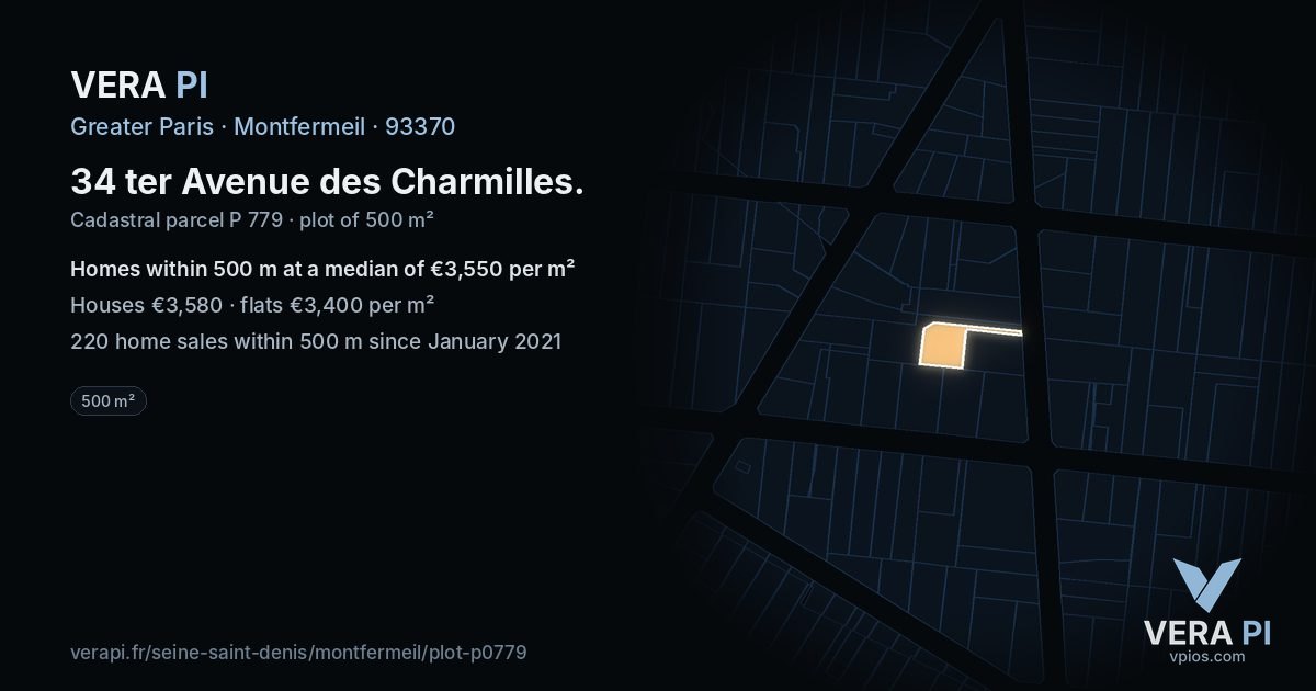 34 ter Avenue des Charmilles, Montfermeil at night – the plot lit, the parcels around coloured by the prices near them