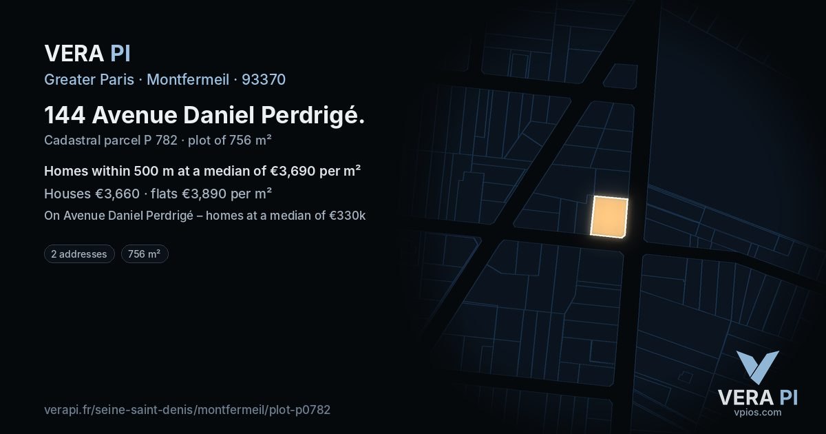 144 Avenue Daniel Perdrigé, Montfermeil at night – the plot lit, the parcels around coloured by the prices near them