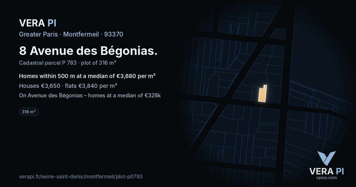 8 Avenue des Bégonias, Montfermeil at night – the plot lit, the parcels around coloured by the prices near them