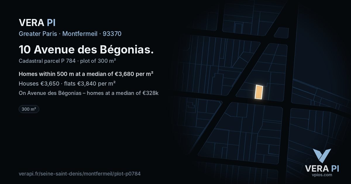 10 Avenue des Bégonias, Montfermeil at night – the plot lit, the parcels around coloured by the prices near them