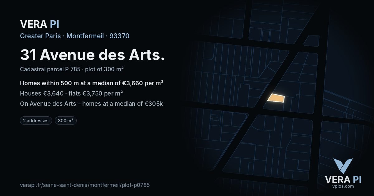31 Avenue des Arts, Montfermeil at night – the plot lit, the parcels around coloured by the prices near them