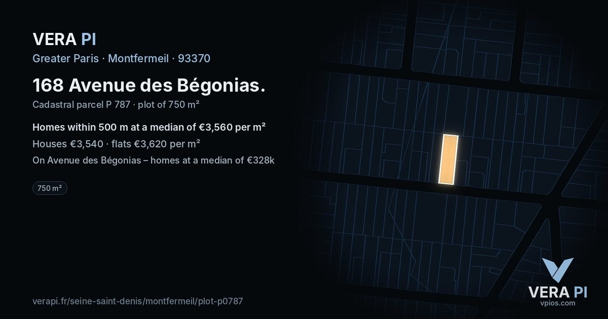 168 Avenue des Bégonias, Montfermeil at night – the plot lit, the parcels around coloured by the prices near them