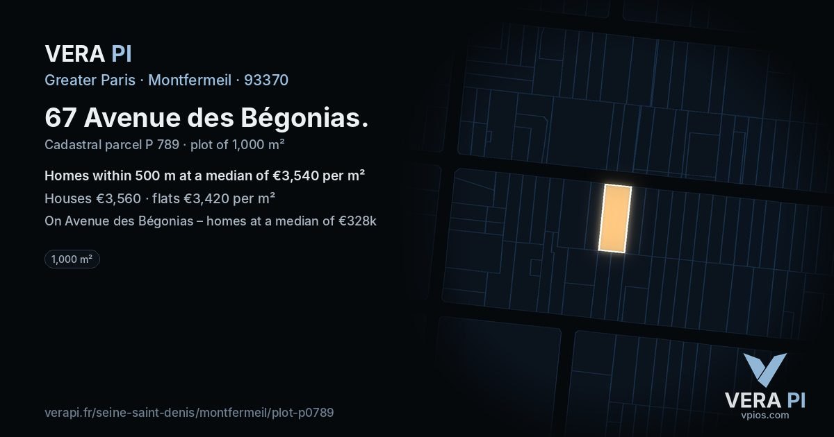 67 Avenue des Bégonias, Montfermeil at night – the plot lit, the parcels around coloured by the prices near them