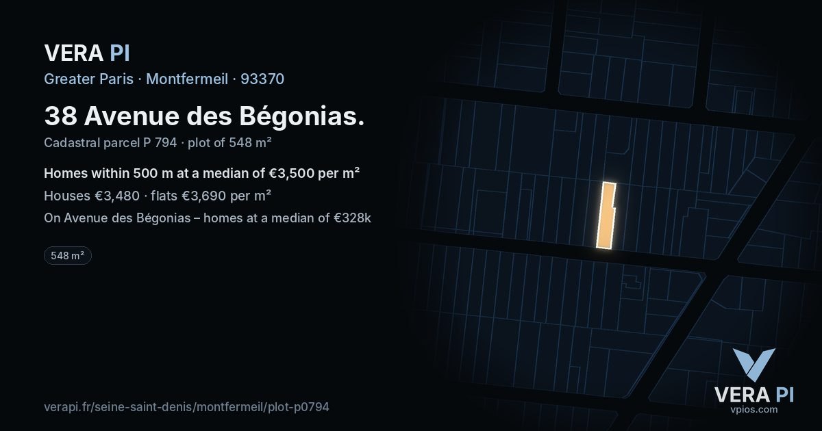 38 Avenue des Bégonias, Montfermeil at night – the plot lit, the parcels around coloured by the prices near them