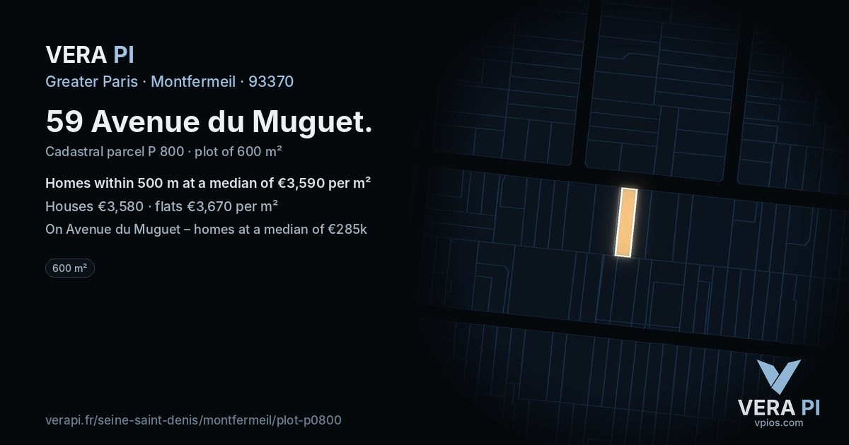 59 Avenue du Muguet, Montfermeil at night – the plot lit, the parcels around coloured by the prices near them