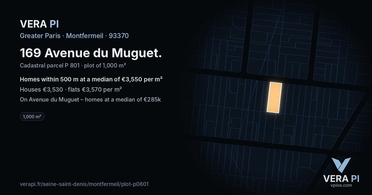 169 Avenue du Muguet, Montfermeil at night – the plot lit, the parcels around coloured by the prices near them