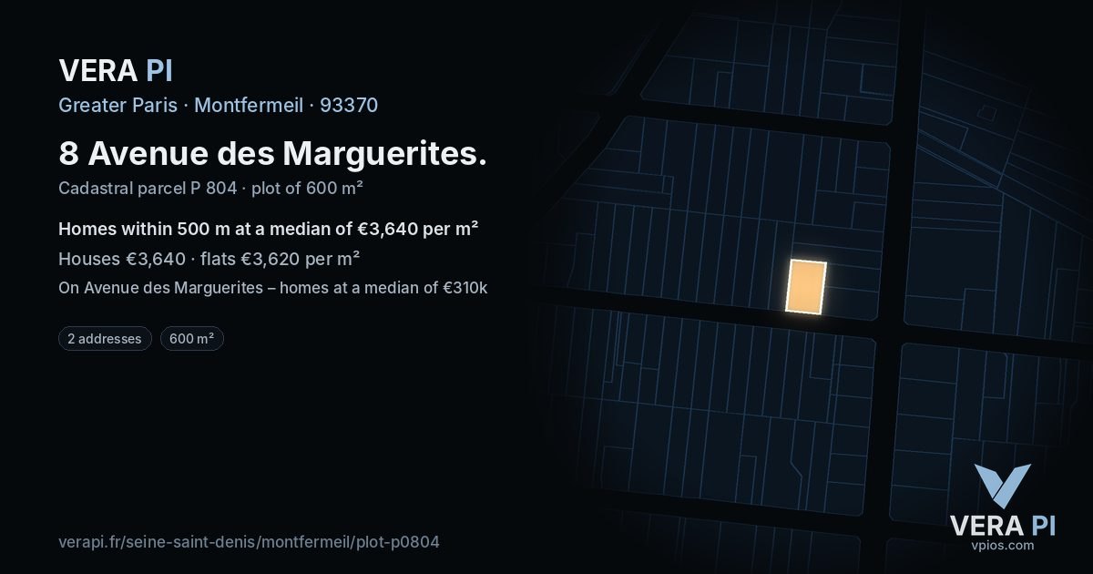 8 Avenue des Marguerites, Montfermeil at night – the plot lit, the parcels around coloured by the prices near them