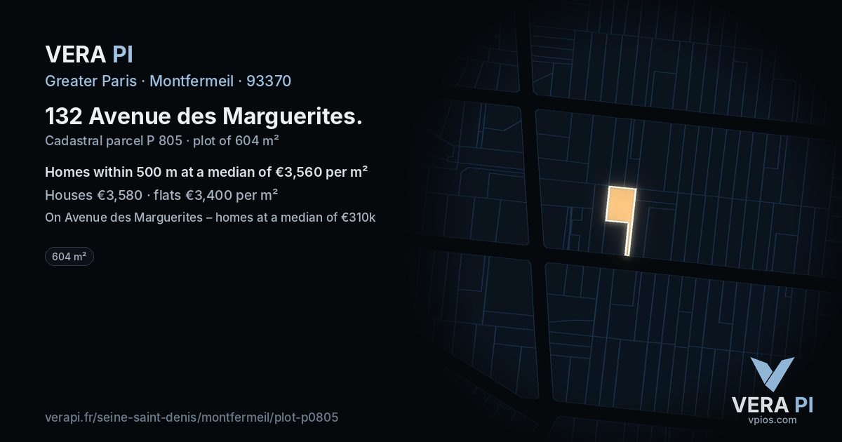 132 Avenue des Marguerites, Montfermeil at night – the plot lit, the parcels around coloured by the prices near them