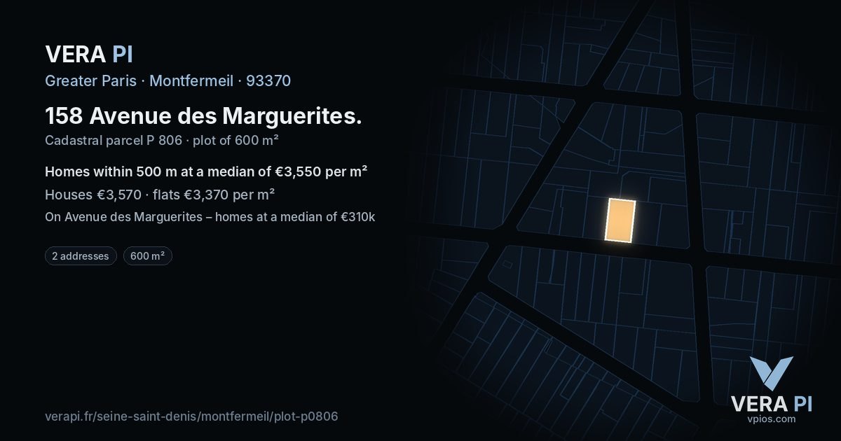 158 Avenue des Marguerites, Montfermeil at night – the plot lit, the parcels around coloured by the prices near them
