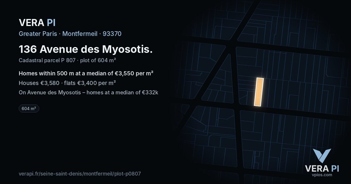 136 Avenue des Myosotis, Montfermeil at night – the plot lit, the parcels around coloured by the prices near them