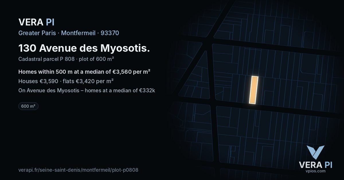 130 Avenue des Myosotis, Montfermeil at night – the plot lit, the parcels around coloured by the prices near them