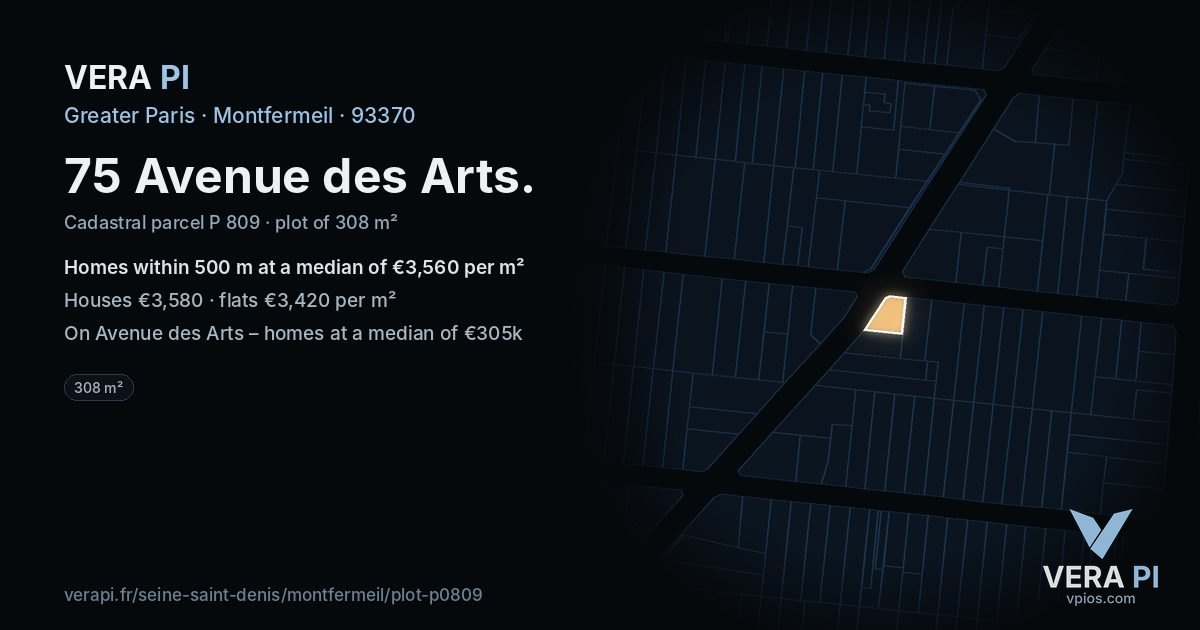 75 Avenue des Arts, Montfermeil at night – the plot lit, the parcels around coloured by the prices near them