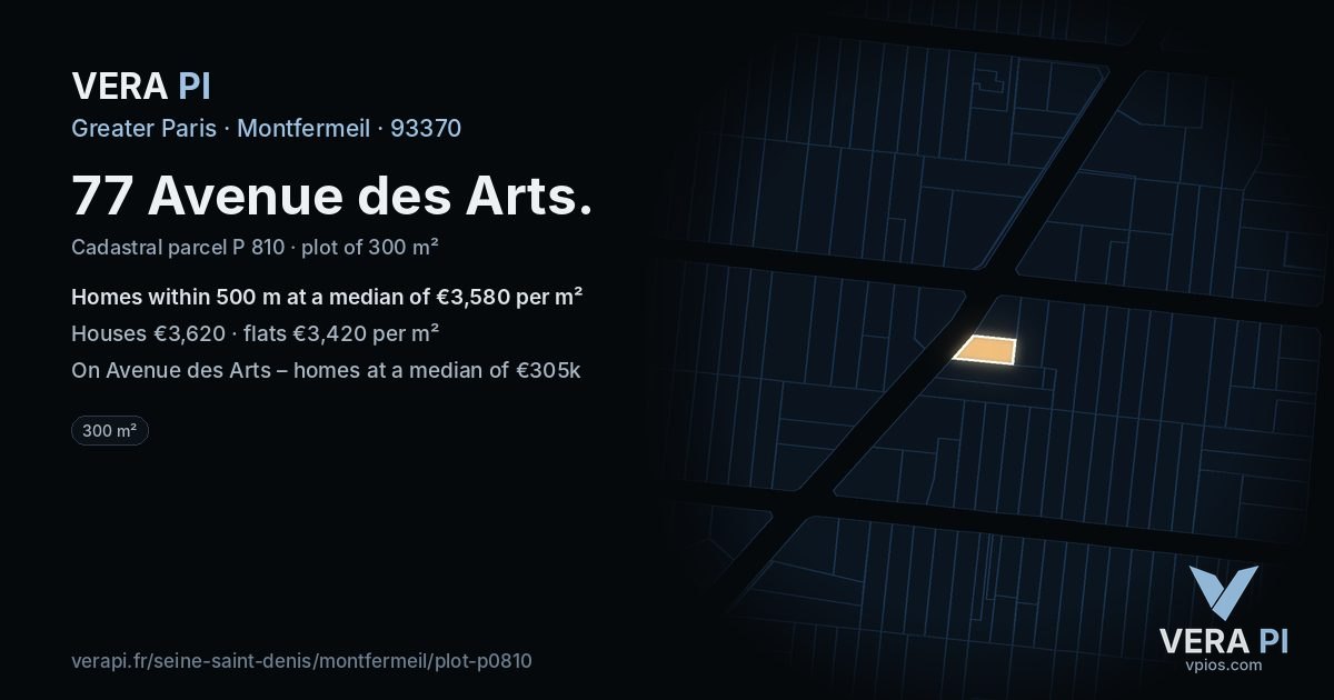 77 Avenue des Arts, Montfermeil at night – the plot lit, the parcels around coloured by the prices near them