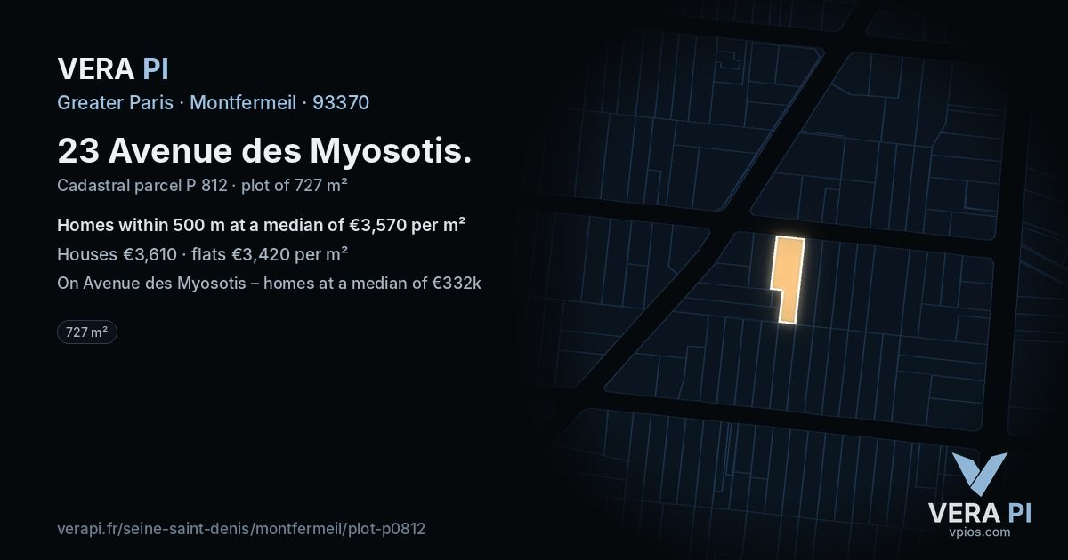 23 Avenue des Myosotis, Montfermeil at night – the plot lit, the parcels around coloured by the prices near them
