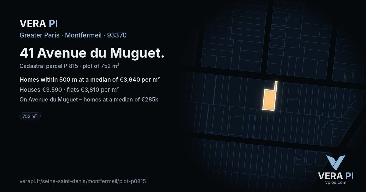 41 Avenue du Muguet, Montfermeil at night – the plot lit, the parcels around coloured by the prices near them