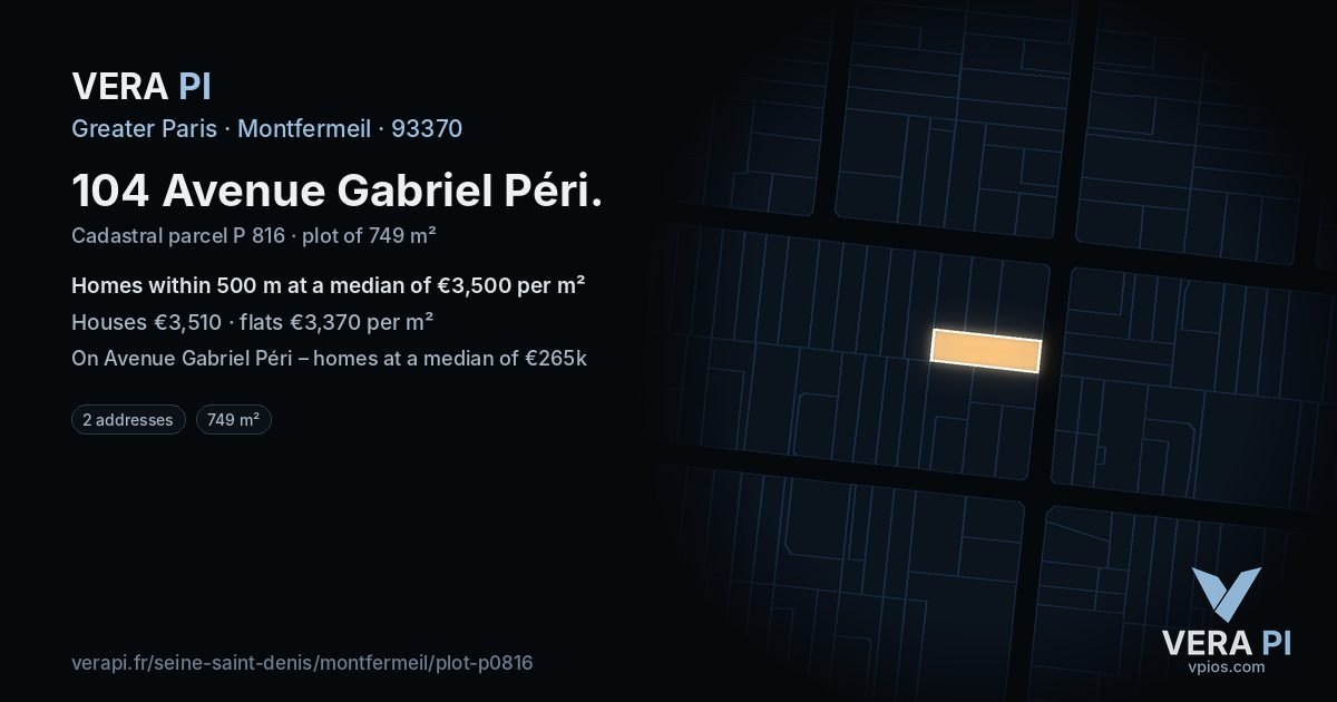 104 Avenue Gabriel Péri, Montfermeil at night – the plot lit, the parcels around coloured by the prices near them