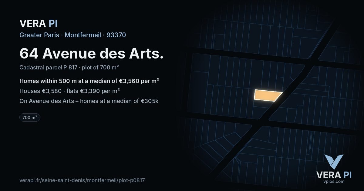 64 Avenue des Arts, Montfermeil at night – the plot lit, the parcels around coloured by the prices near them