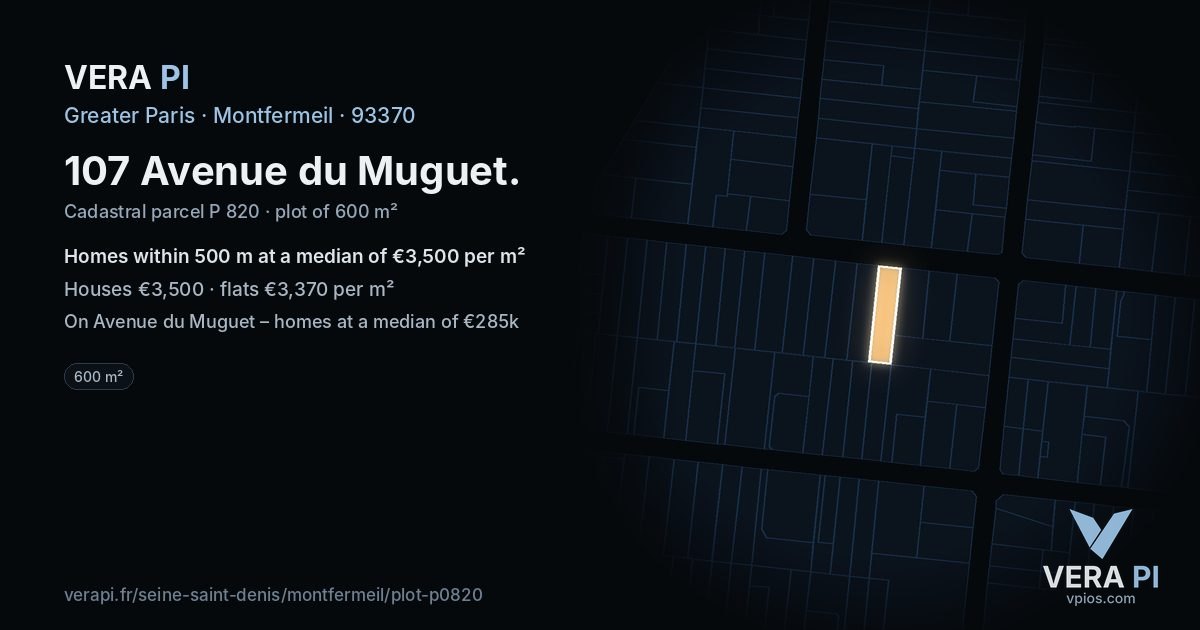 107 Avenue du Muguet, Montfermeil at night – the plot lit, the parcels around coloured by the prices near them