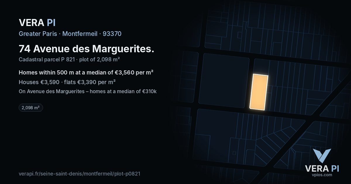 74 Avenue des Marguerites, Montfermeil at night – the plot lit, the parcels around coloured by the prices near them