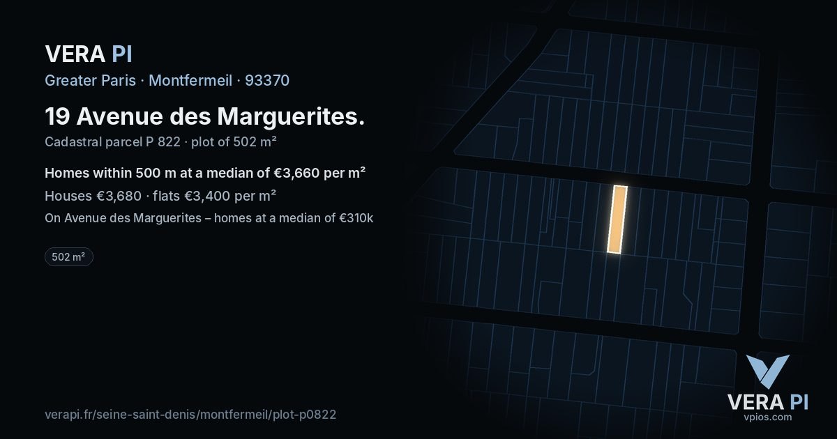 19 Avenue des Marguerites, Montfermeil at night – the plot lit, the parcels around coloured by the prices near them