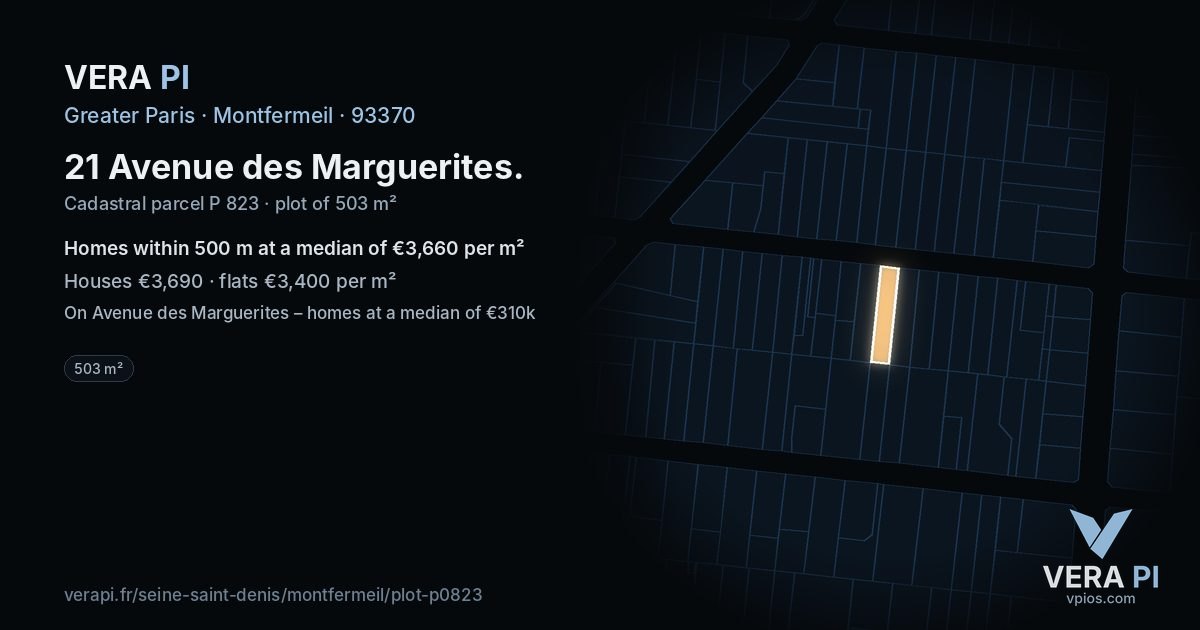 21 Avenue des Marguerites, Montfermeil at night – the plot lit, the parcels around coloured by the prices near them
