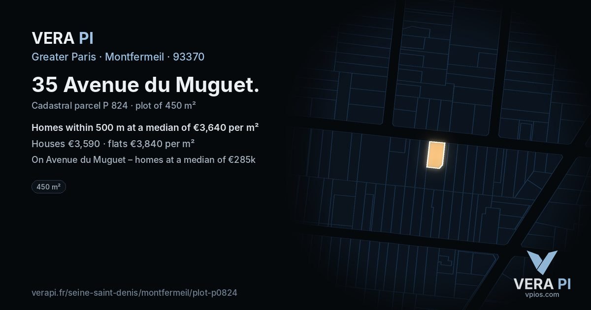 35 Avenue du Muguet, Montfermeil at night – the plot lit, the parcels around coloured by the prices near them