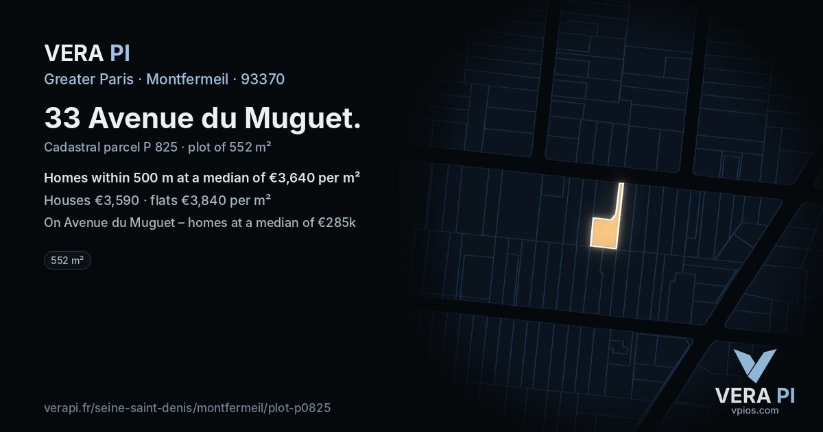 33 Avenue du Muguet, Montfermeil at night – the plot lit, the parcels around coloured by the prices near them