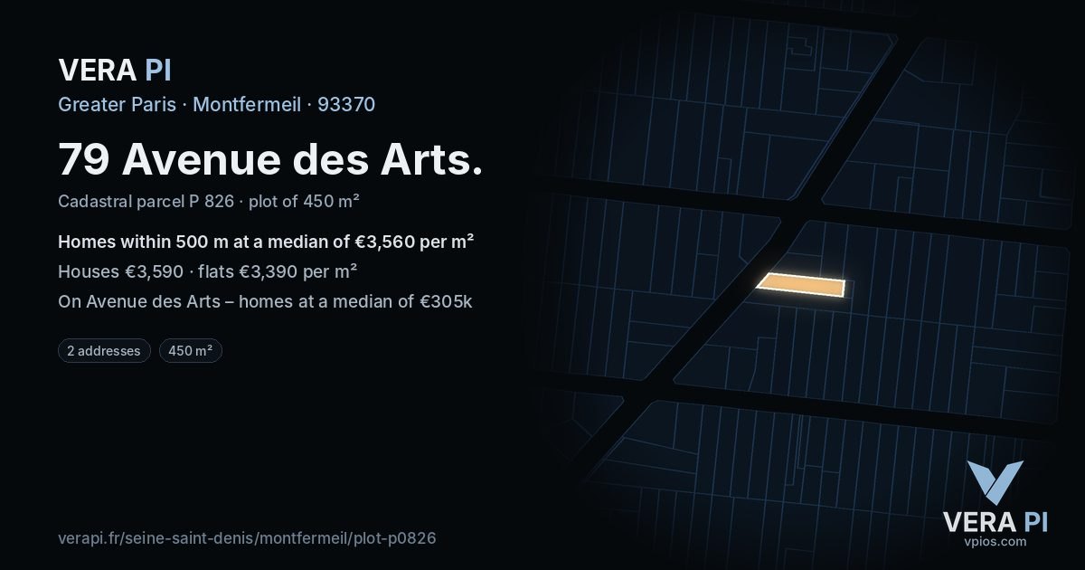 79 Avenue des Arts, Montfermeil at night – the plot lit, the parcels around coloured by the prices near them