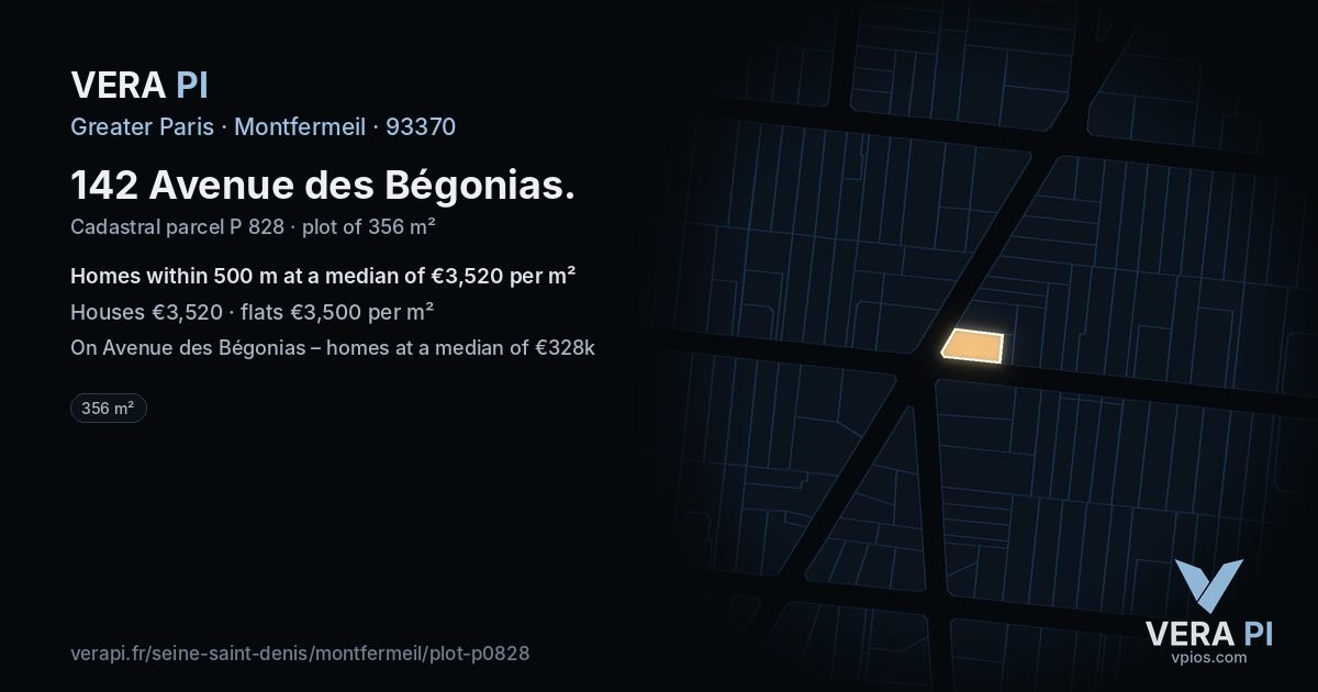142 Avenue des Bégonias, Montfermeil at night – the plot lit, the parcels around coloured by the prices near them