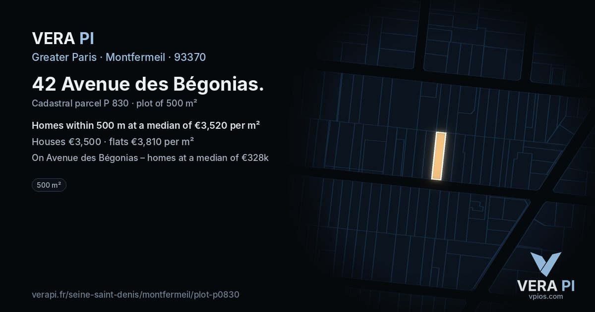 42 Avenue des Bégonias, Montfermeil at night – the plot lit, the parcels around coloured by the prices near them