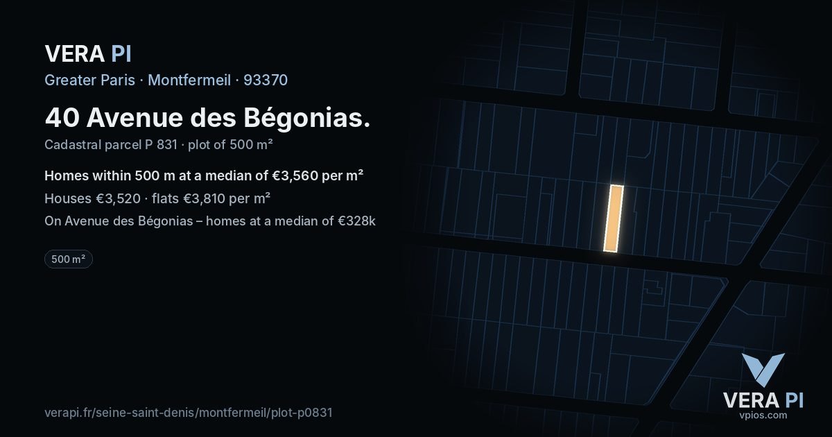 40 Avenue des Bégonias, Montfermeil at night – the plot lit, the parcels around coloured by the prices near them