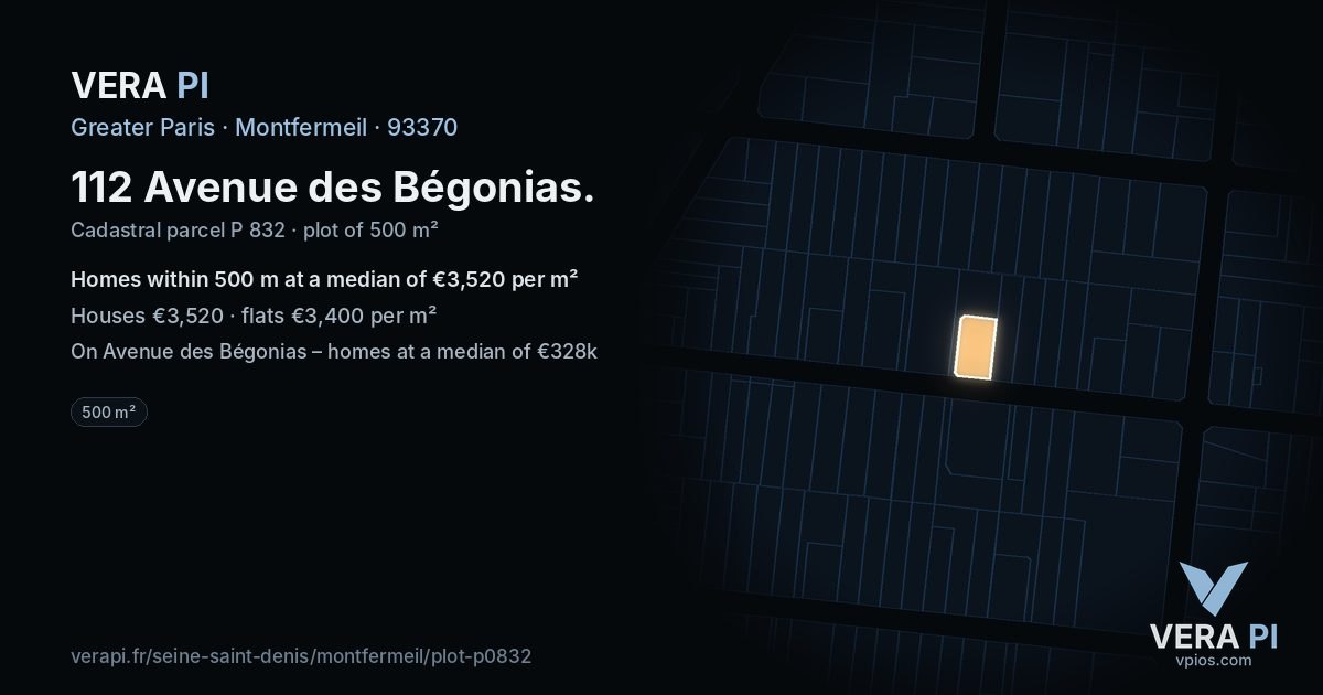 112 Avenue des Bégonias, Montfermeil at night – the plot lit, the parcels around coloured by the prices near them