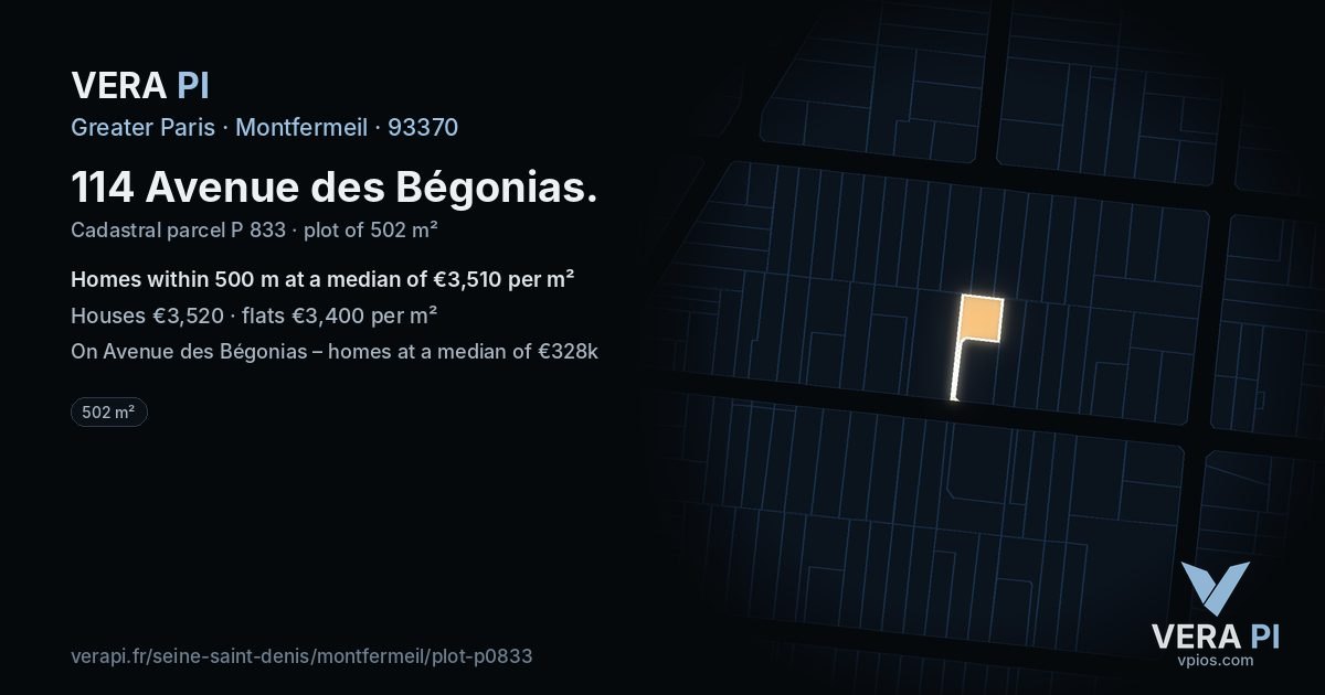 114 Avenue des Bégonias, Montfermeil at night – the plot lit, the parcels around coloured by the prices near them