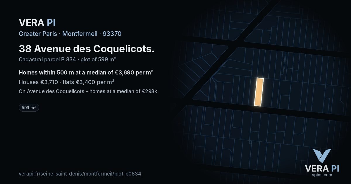 38 Avenue des Coquelicots, Montfermeil at night – the plot lit, the parcels around coloured by the prices near them