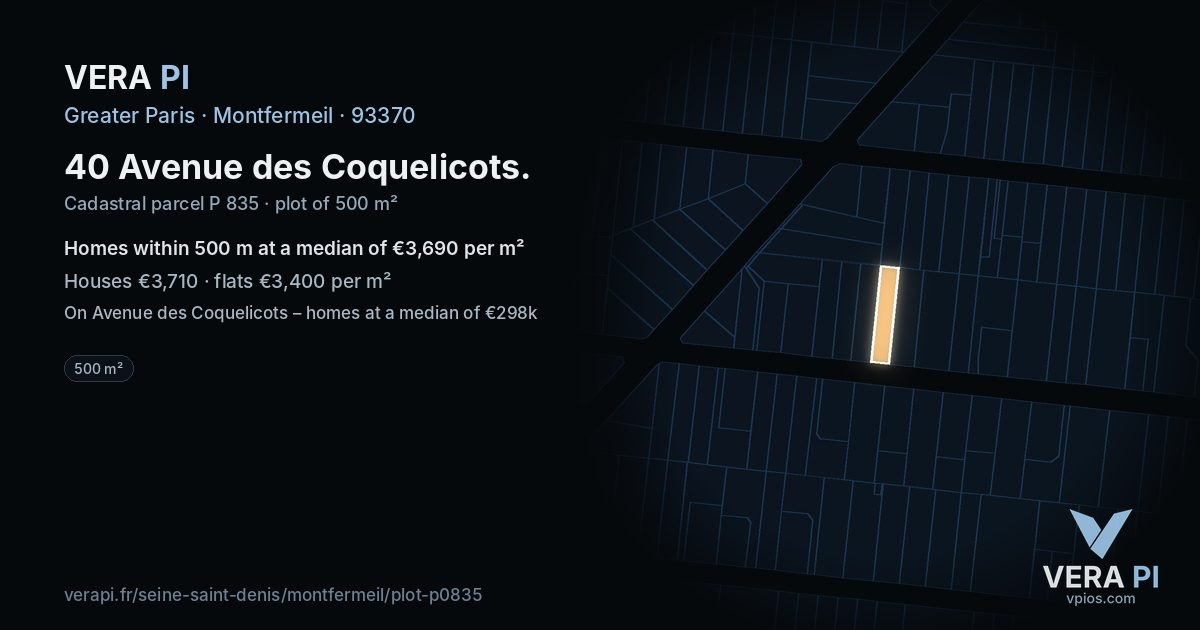 40 Avenue des Coquelicots, Montfermeil at night – the plot lit, the parcels around coloured by the prices near them