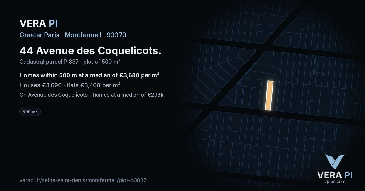 44 Avenue des Coquelicots, Montfermeil at night – the plot lit, the parcels around coloured by the prices near them