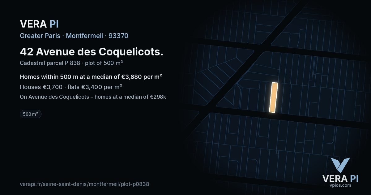 42 Avenue des Coquelicots, Montfermeil at night – the plot lit, the parcels around coloured by the prices near them