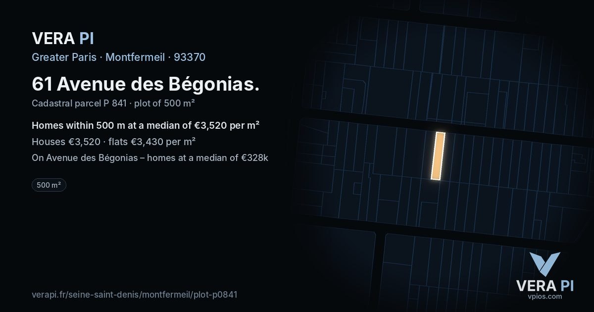 61 Avenue des Bégonias, Montfermeil at night – the plot lit, the parcels around coloured by the prices near them