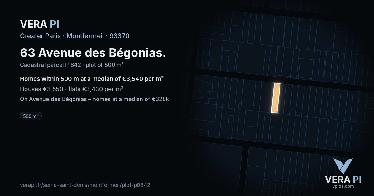 63 Avenue des Bégonias, Montfermeil at night – the plot lit, the parcels around coloured by the prices near them