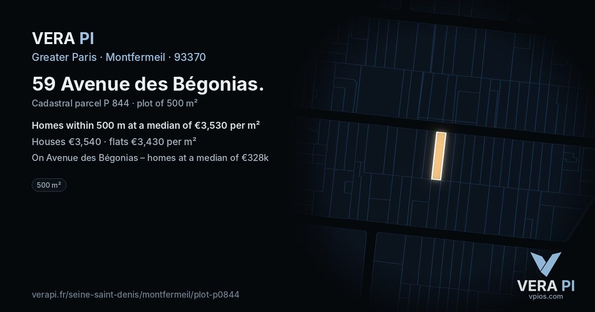 59 Avenue des Bégonias, Montfermeil at night – the plot lit, the parcels around coloured by the prices near them